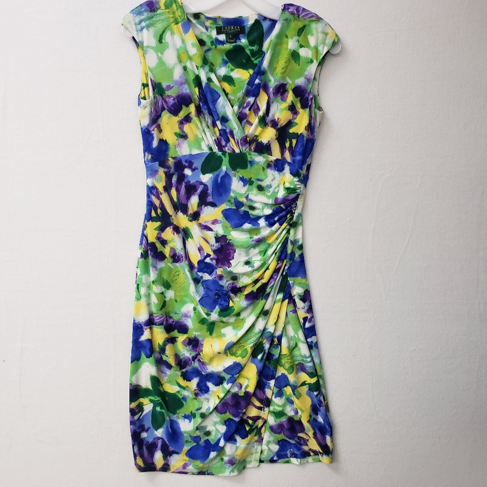 Lauren Ralph Lauren Sz 2 Dress Women Watercolor Print Stretch Ruched Fit Party